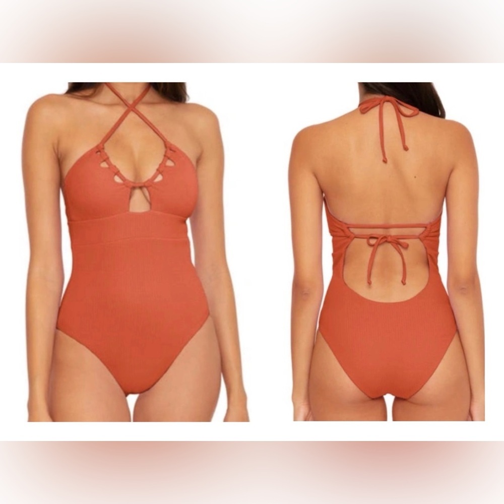 BECCA Rust Orange Crisscross Halter One-Piece Swimsuit NEW